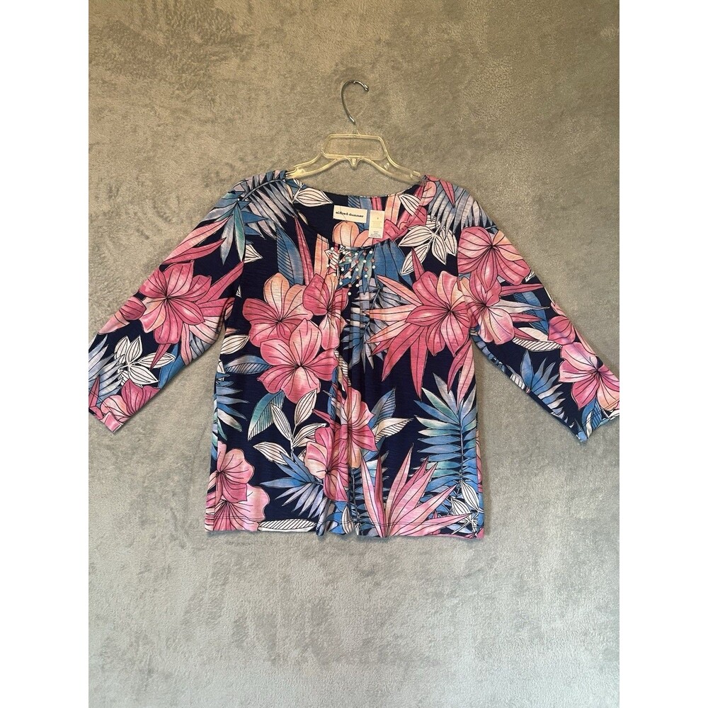 Alfred Dunner Tropical Floral Blue/Pink 3/4 Sleeve Top. Sz Small